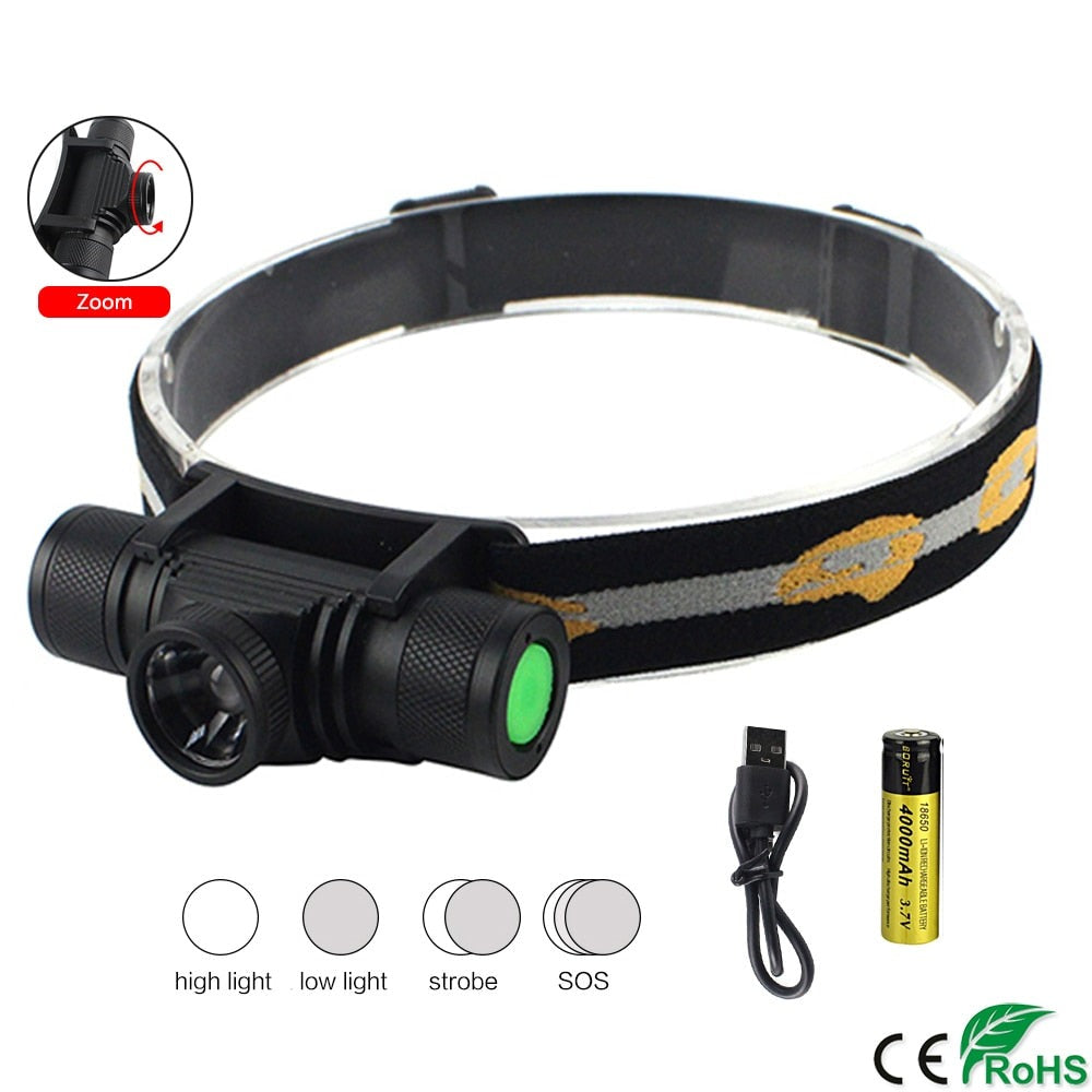 D20 2000lumens XPG LED Headlight 4-Mode Zoom Headlamp Rechargeable Head Torch Fishing Camping Flashlight 18650 Battery