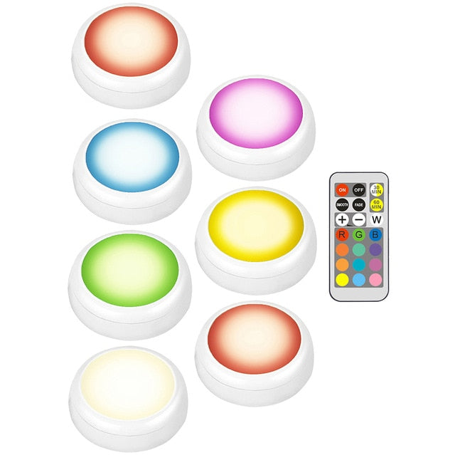 RGBW 13 Colors LED Under Cabinet Light Dimmable Timing LED Puck Lights Wireless Downlight Spotlights For Close Wardrobe Stair