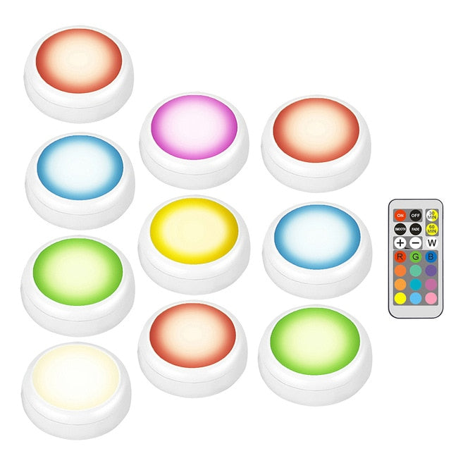 RGBW 13 Colors LED Under Cabinet Light Dimmable Timing LED Puck Lights Wireless Downlight Spotlights For Close Wardrobe Stair