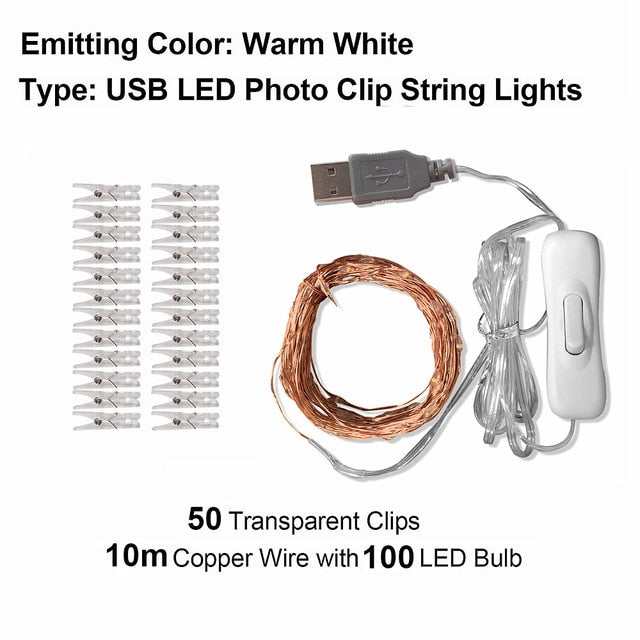 Photo Clip USB LED String Lights Fairy Lights Outdoor Battery Operated Garland Christmas Decoration Party Wedding Xmas