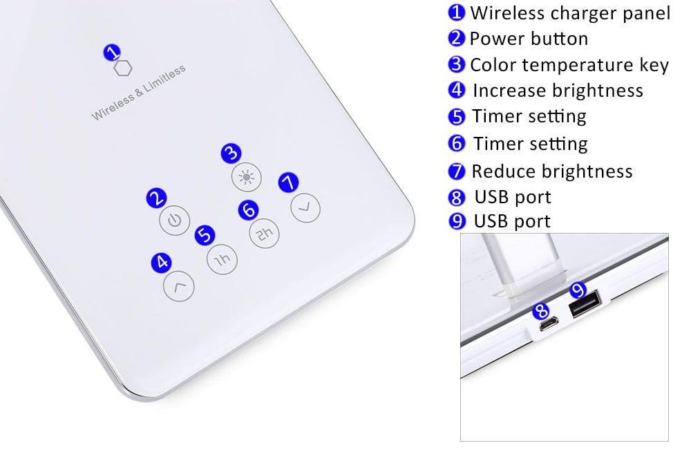 New LED Desk Lamp Table Lamp Folding 4 Light Color Temperature Book Light with Wireless Desktop Charger USB Output Bottom Foam