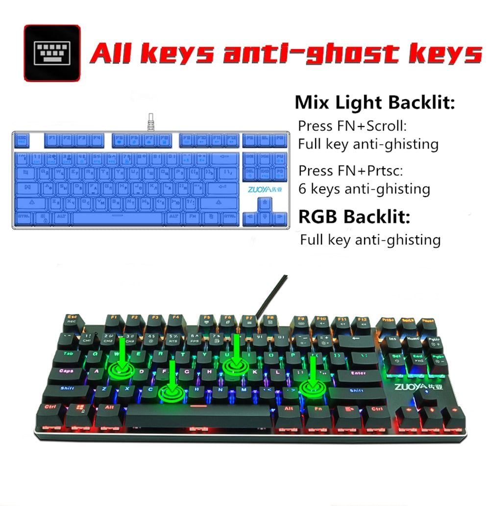 Gaming Mechanical Keyboard Blue Red Switch 87key Anti-ghosting RGB/Mix Backlit LED USB RU/US Wired Keyboard For Gamer PC Laptop