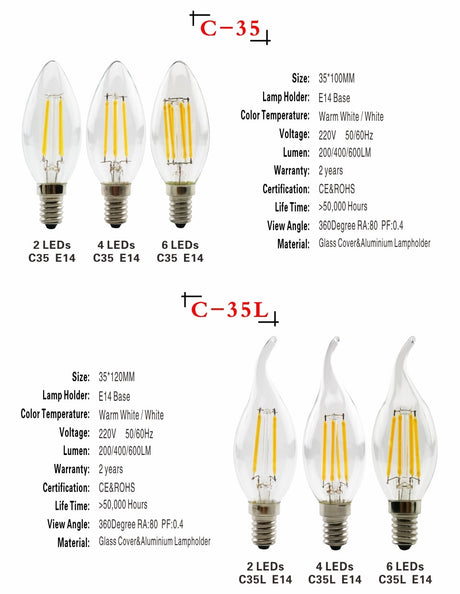 LED Filament Bulb E27 Retro Edison Lamp 220V E14 Vintage Candle Light Globe Chandelier Lighting COB Home Decors Light