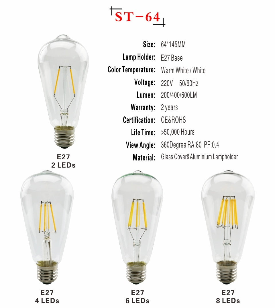 LED Filament Bulb E27 Retro Edison Lamp 220V E14 Vintage Candle Light Globe Chandelier Lighting COB Home Decors Light