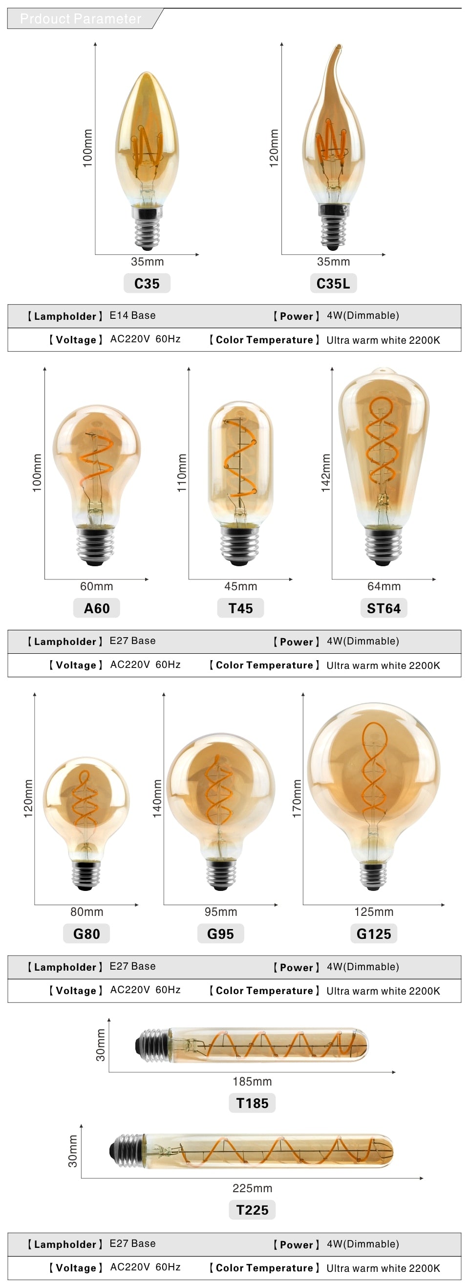 Dimmable Edison Lamp 4W 2200K C35 T45 A60 ST64 G80 G95 G125 Spiral Light LED Filament Bulb Retro Lamp Decorative Lighting