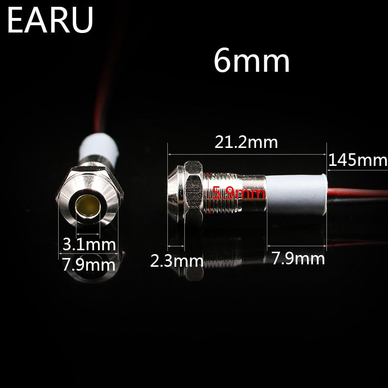 6mm 8mm 10mm 12mm 14mm Waterproof IP67 Metal LED Warning Indicator Light Signal Lamp Pilot Wire 3V 5V 12V 24V 110V 220V Red Blue