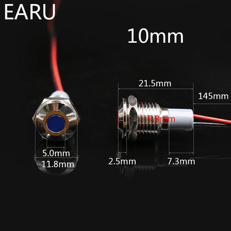 6mm 8mm 10mm 12mm 14mm Waterproof IP67 Metal LED Warning Indicator Light Signal Lamp Pilot Wire 3V 5V 12V 24V 110V 220V Red Blue