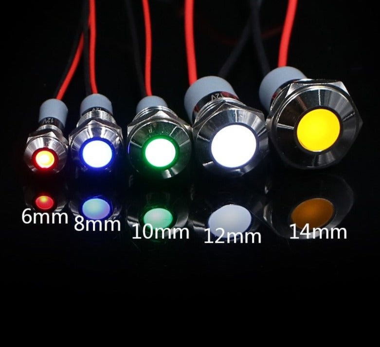 6mm 8mm 10mm 12mm 14mm Waterproof IP67 Metal LED Warning Indicator Light Signal Lamp Pilot Wire 3V 5V 12V 24V 110V 220V Red Blue