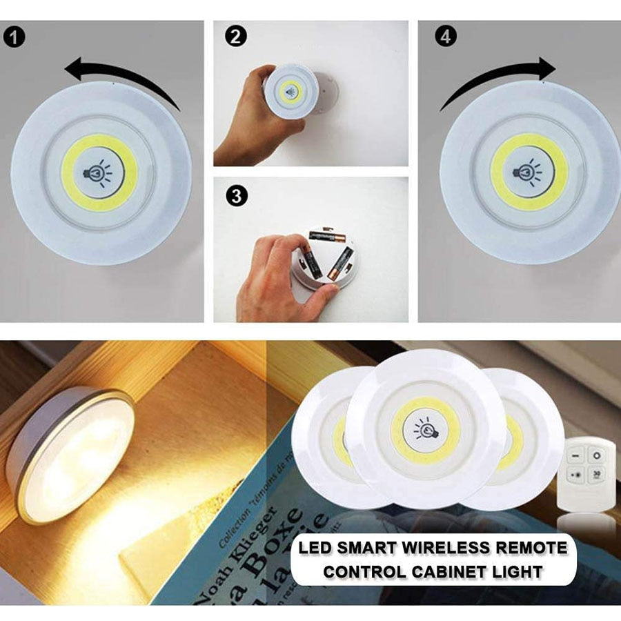 Battery Operated Dimmable LED Under Cabinet Light COB LED Puck Lights Closets Lights with Remote Control for Wardrobe Bathroom