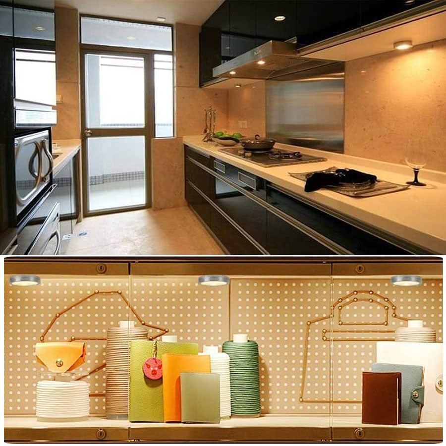 Battery Operated Dimmable LED Under Cabinet Light COB LED Puck Lights Closets Lights with Remote Control for Wardrobe Bathroom