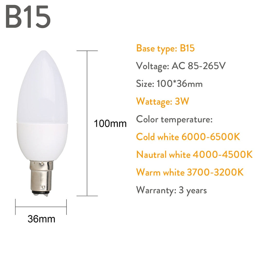 3W Led Candle Bulb E14 E27 E12 B22 B15 110V 220V Save Energy Spotlight Chandiler Crystal Lamp Ampoule Bombillas Home Lights
