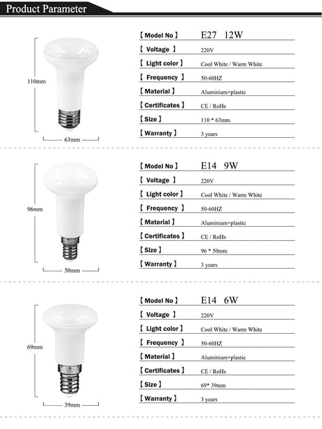 R39 R50 R63 LED lamp E14 E27 Base LED BULB 4W 6W 9W 12W led umbrella bulb light Warm Cold white led light AC220V 230V 240V