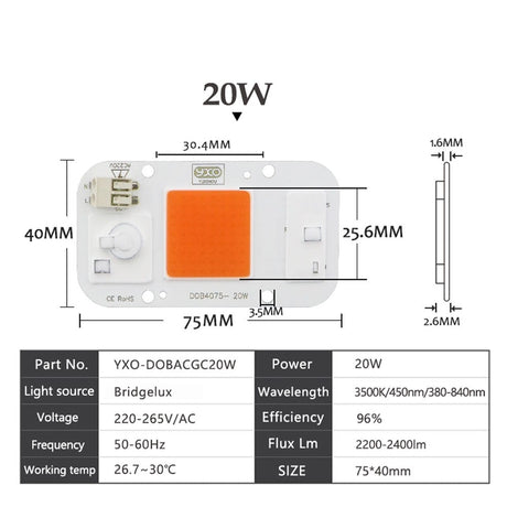 1pc Hydro ponic AC 220V 20w 30w 50w cob led grow light chip full spectrum 370nm-780nm for Indoor Plant Seedling Grow and Flower