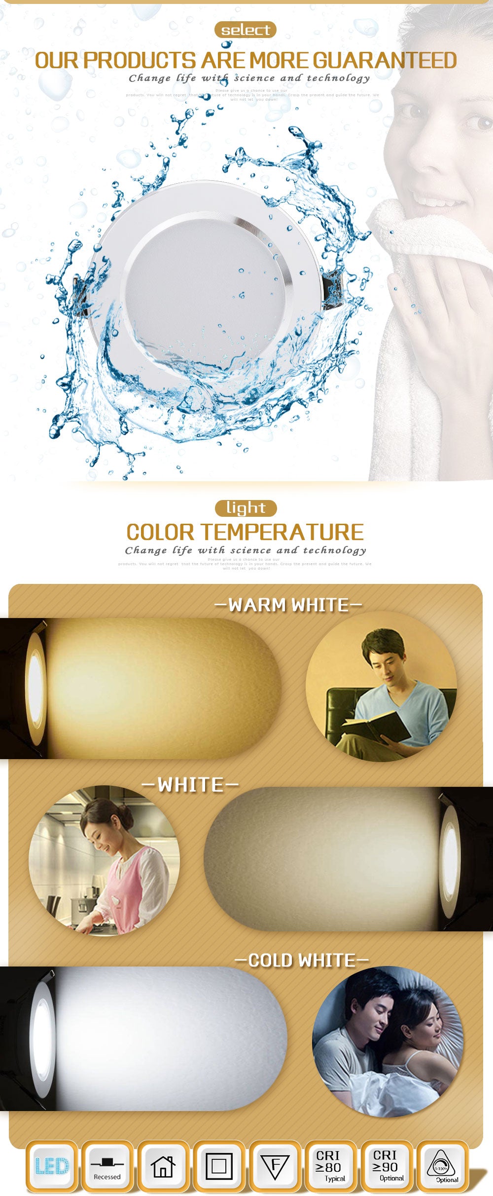 Hot Sale 5W 7W 9W Waterproof LED Downlight Dimmable Warm White Cold White 3 Color Recessed LED Lamp Spot Light AC85-265V