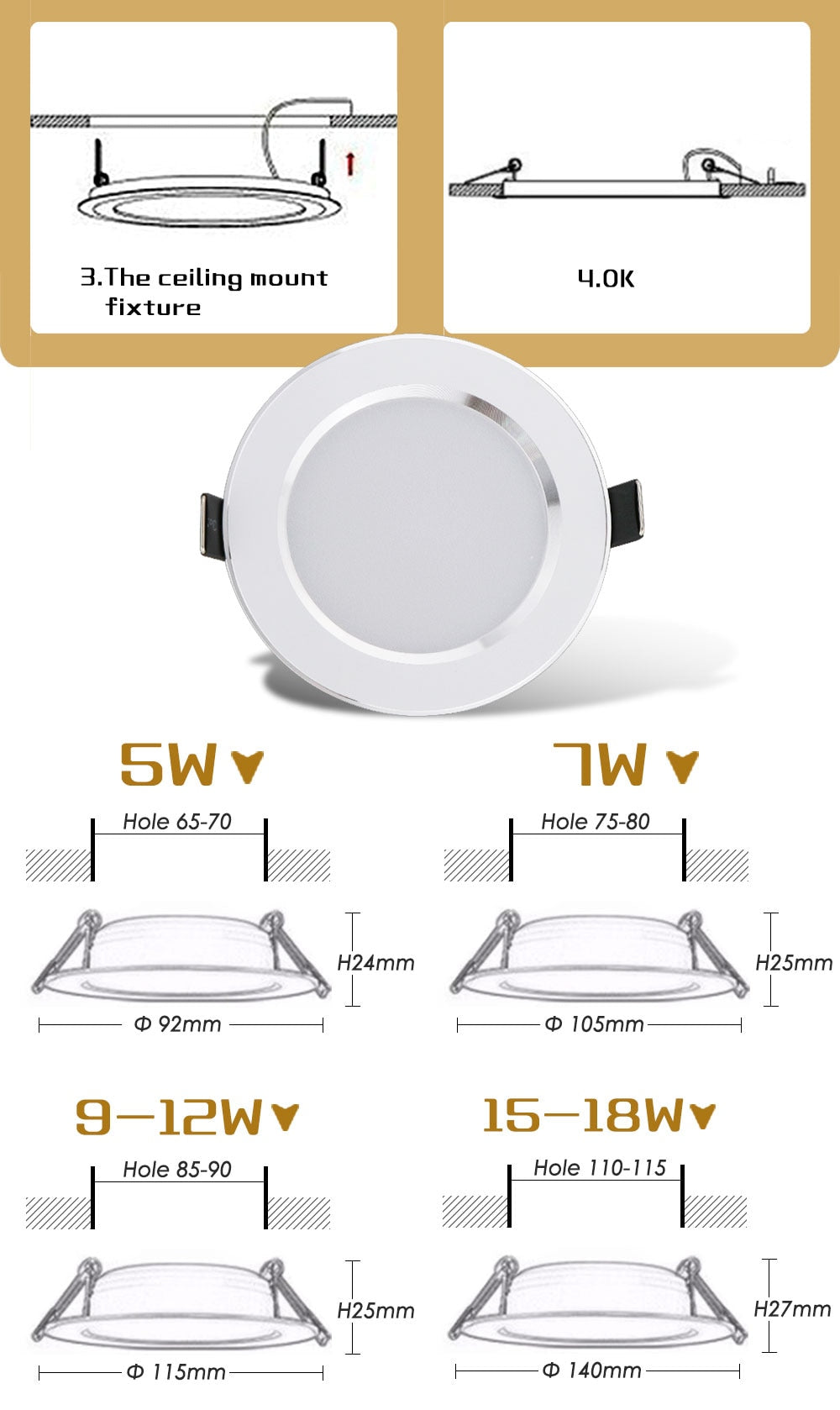 Hot Sale 5W 7W 9W Waterproof LED Downlight Dimmable Warm White Cold White 3 Color Recessed LED Lamp Spot Light AC85-265V