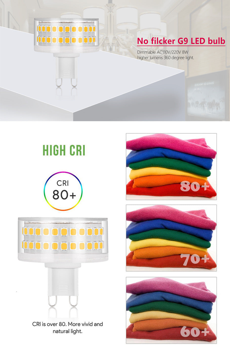 LED BULB Dimmable G9 AC120V 220V 8W 90LEDS SMD2835 No Flicker LED Light Lamp 780LM Chandelier Light Replace 80W Halogen Lighting