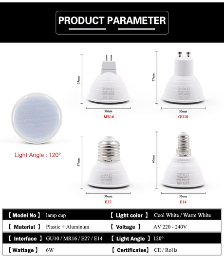 E27 E14 MR16 GU5.3 GU10 Lampada LED Bulb 6W 220V Bombillas LED Lamp Spotlight Lamparas Spot Light