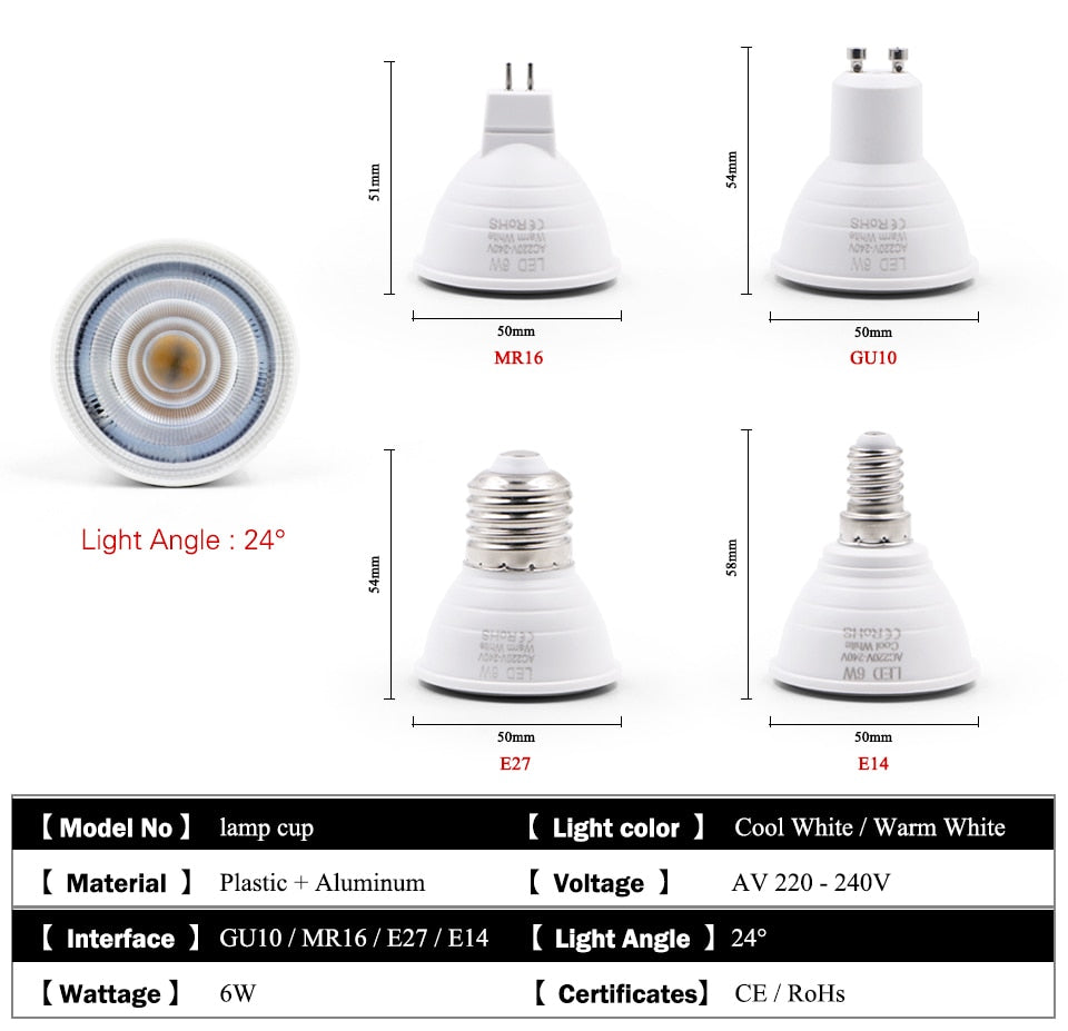 E27 E14 MR16 GU5.3 GU10 Lampada LED Bulb 6W 220V Bombillas LED Lamp Spotlight Lamparas Spot Light
