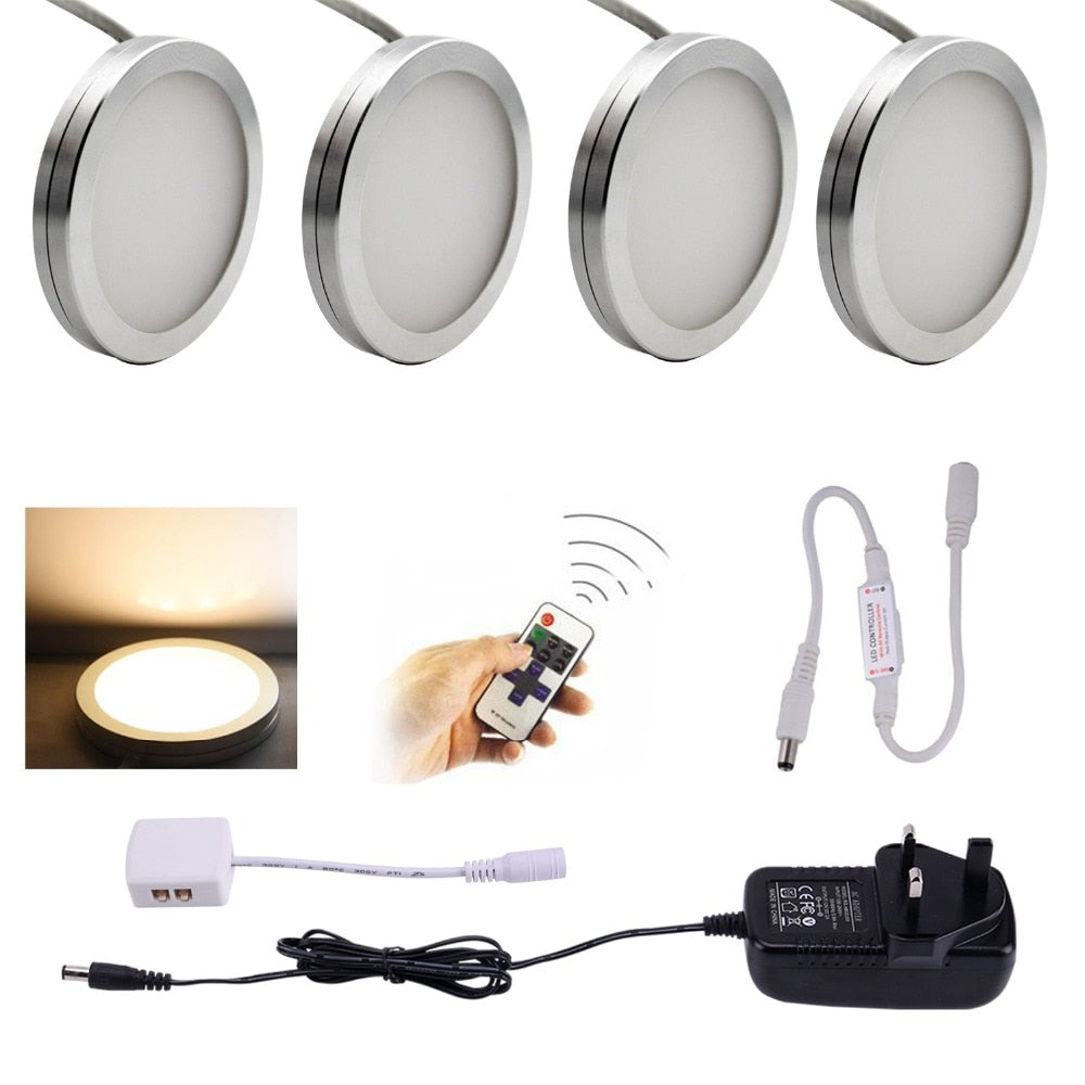 LED Under Cabinet Light Kitchen Puck Under Counter Lights Wireless RF Remote Dimmable Shelf Furniture Lighting 4 Lamps Warm