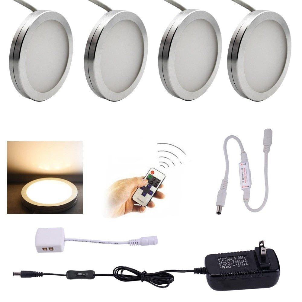 LED Under Cabinet Light Kitchen Puck Under Counter Lights Wireless RF Remote Dimmable Shelf Furniture Lighting 4 Lamps Warm