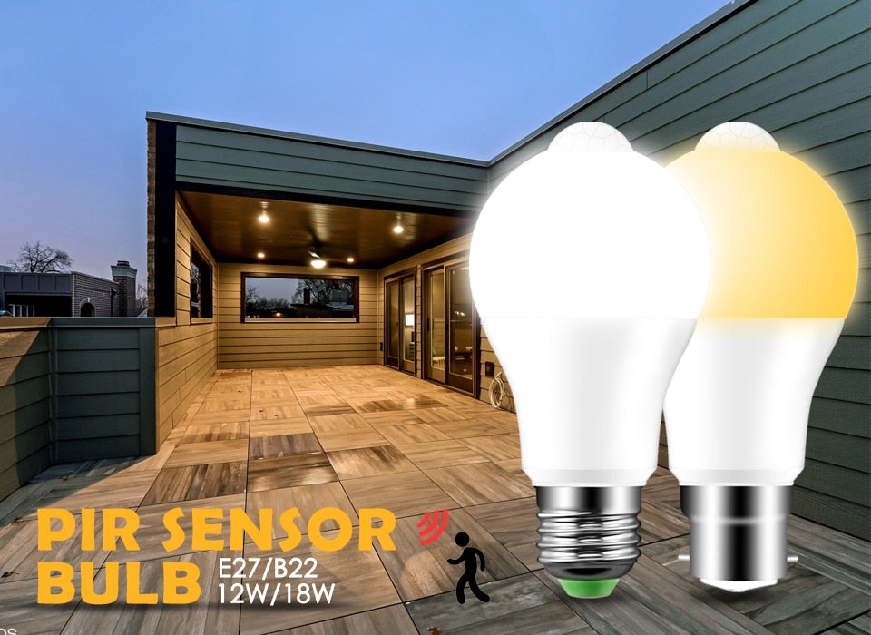 LED PIR Motion Sensor Lamp 220V 110V Dusk to Dawn Light Bulb E27 B22 IP42 with Sensor Smart light bulb 12W 18W Day Night light