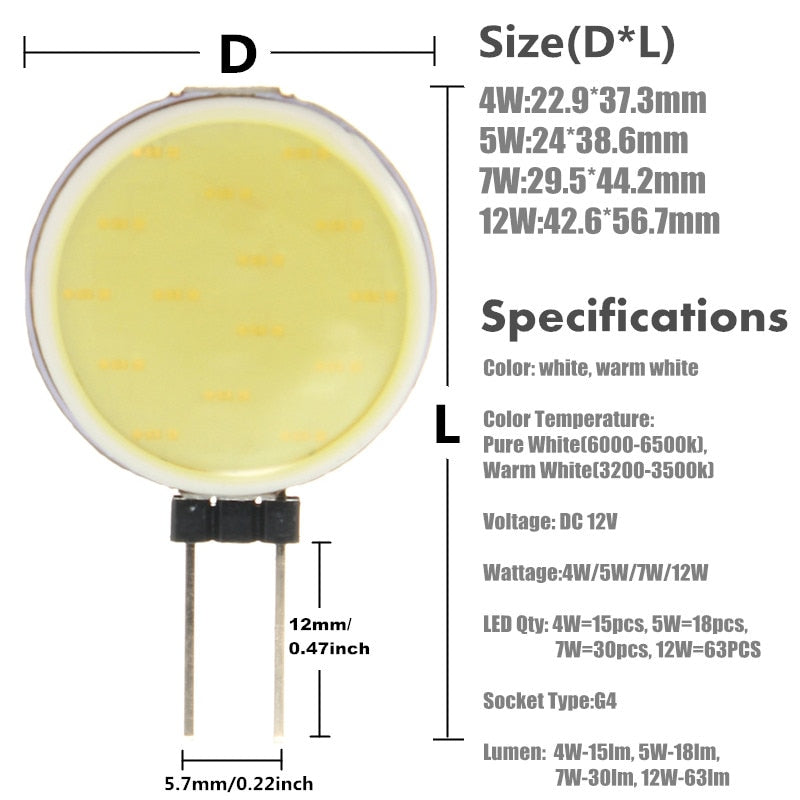 G4 COB 4W 5W 7W 12W Pure Warm White LED 15 18 30 63 Chips Replace Halogen Lamp Spot Light Bulb