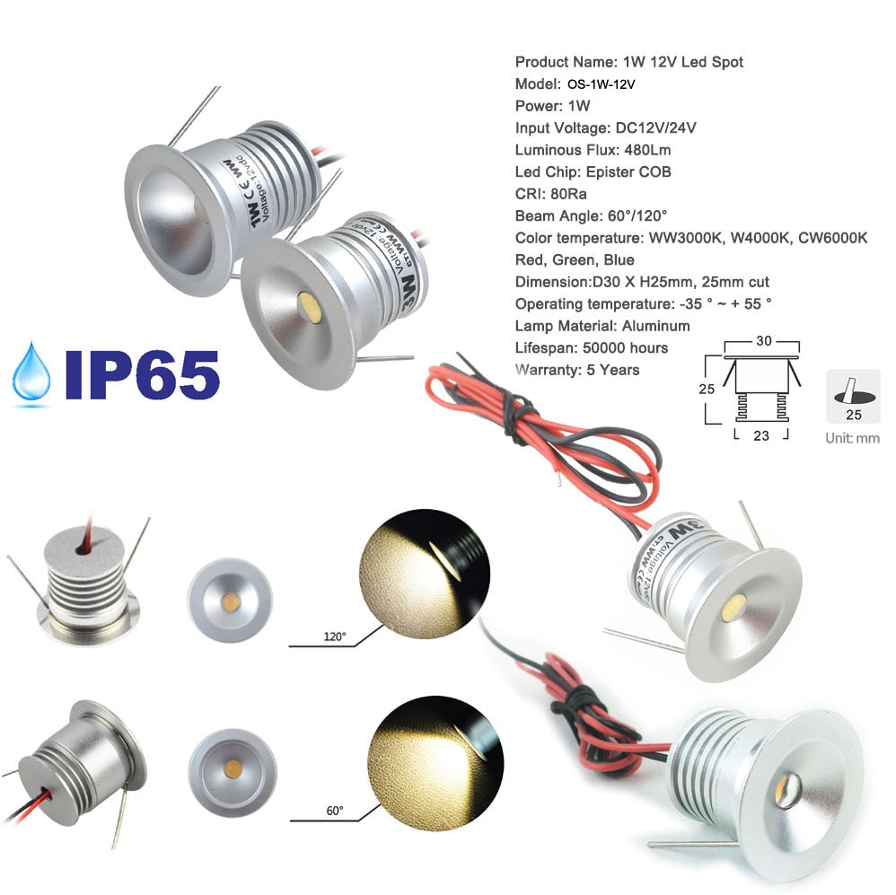 Mini LED Downlight 1W IP65 12V 15mm 25mm 30mm Outdoor Garden Bathroom Corridor Ceiling Spot Bulb Light SPA Sauna Lighting CE
