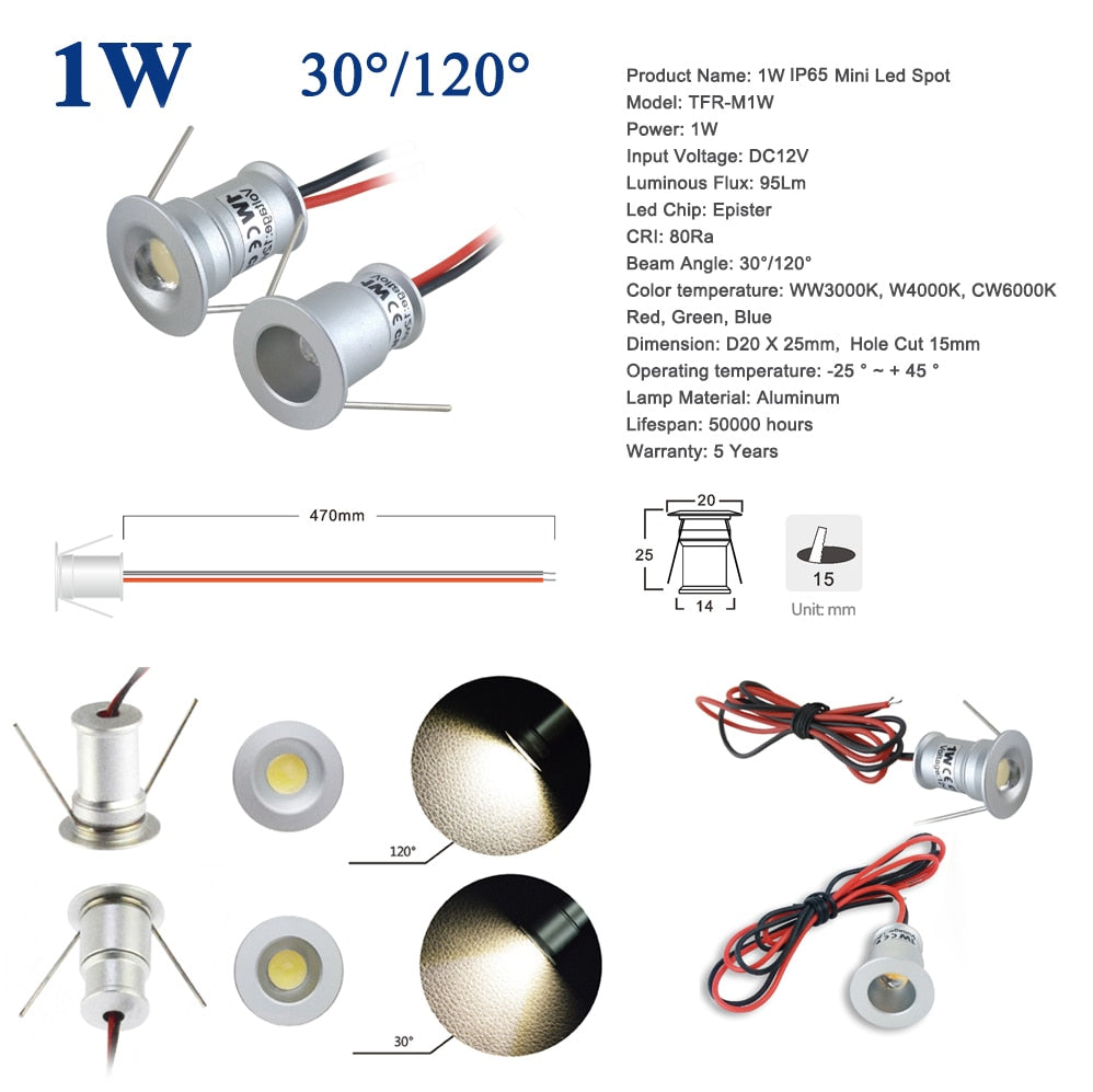 Mini LED Downlight 1W IP65 12V 15mm 25mm 30mm Outdoor Garden Bathroom Corridor Ceiling Spot Bulb Light SPA Sauna Lighting CE