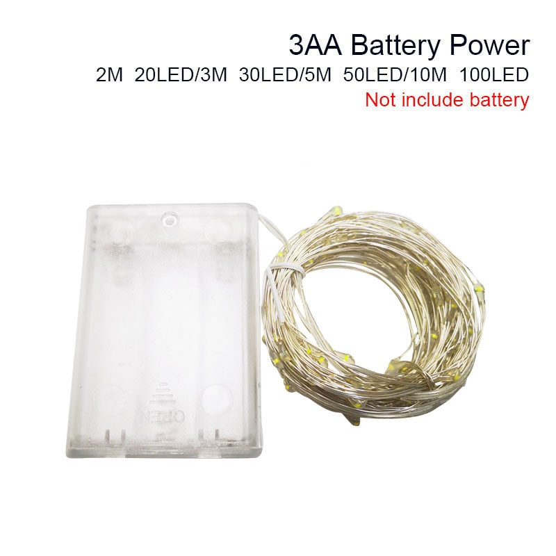 LED String Light Fairy light Battery waterproof Silver Wire Christmas Halloween USB Xmas Decoration Romantic lights 1/2/3/5/10M