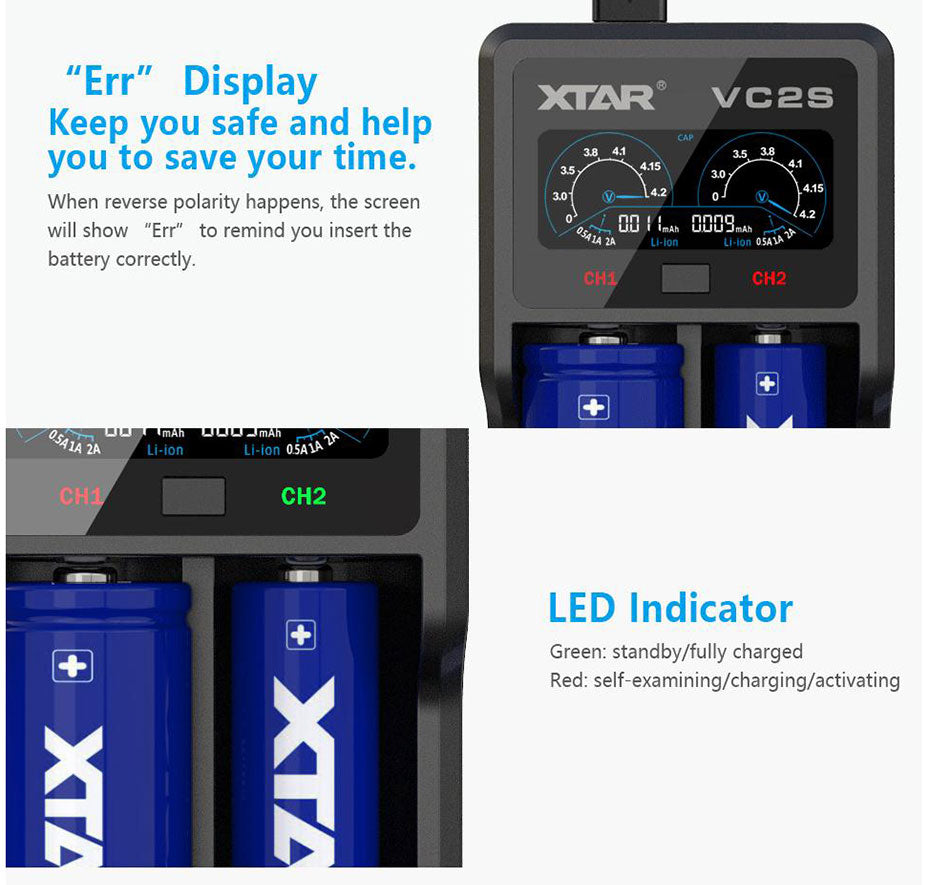 NEW XTAR VC2 VC2S VC4 VC4S  Colorful VA LCD Screen Micro-USB powered portable apply to 3.6V/3.7V Li-ion/IMR/INR/ICR 18650 26650