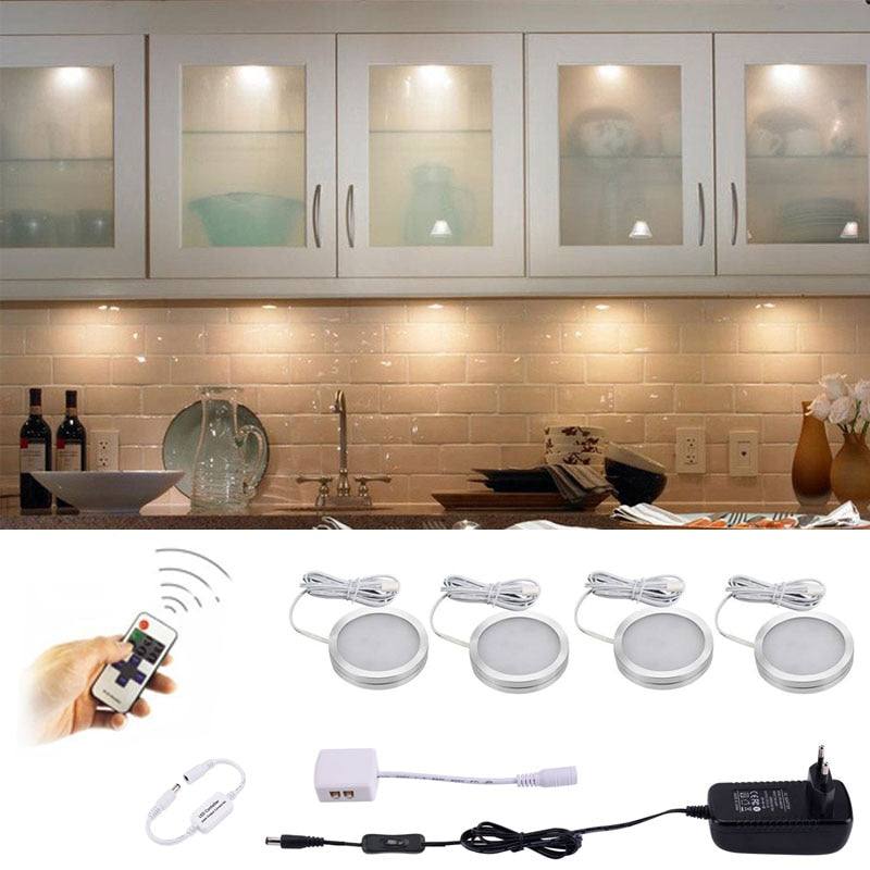 LED Under Cabinet Light Kitchen Puck Under Counter Lights Wireless RF Remote Dimmable Shelf Furniture Lighting 4 Lamps Warm