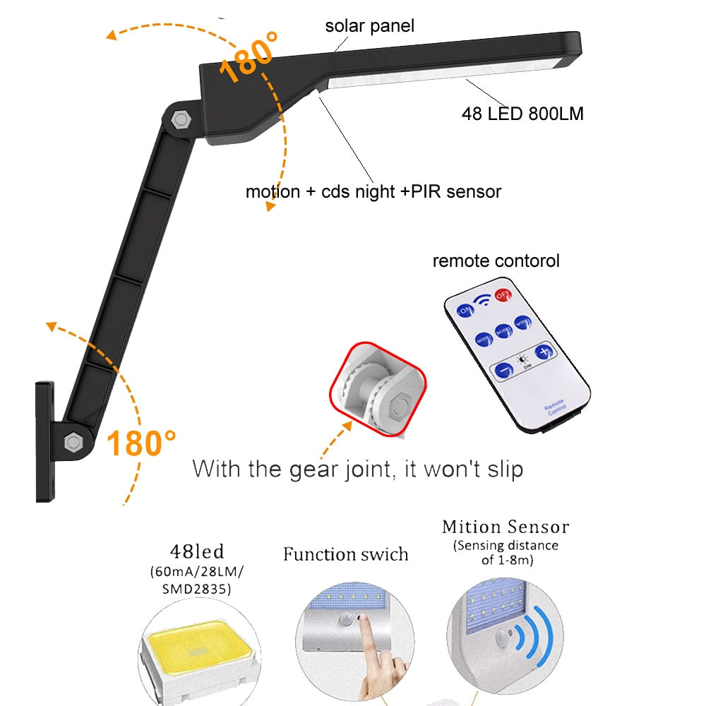 48led Solar street wall garden Light PIR Motion Sensor Ip65 Waterproof Outdoor lamp spotlight floodlight rotable bracket remote