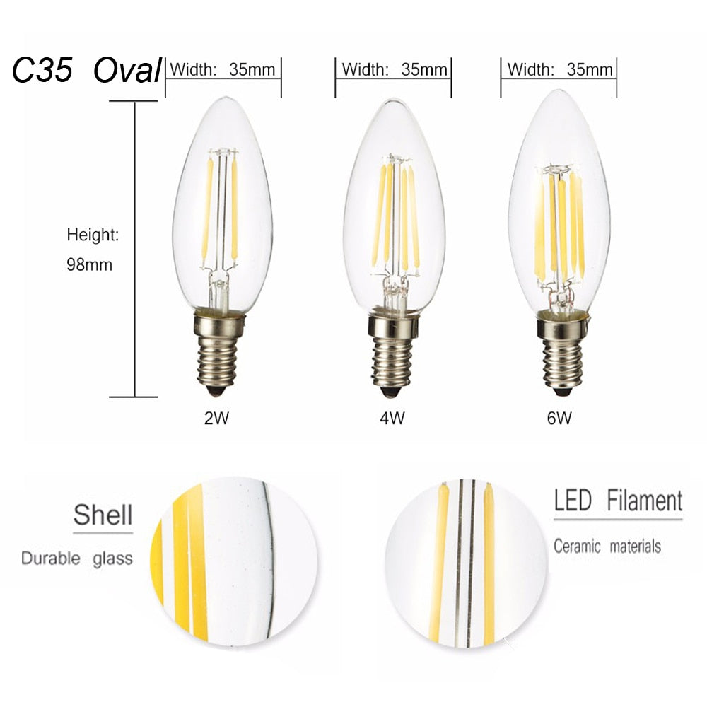 LED Candle Bulb C35 Light 2W/4W/6W 110V/220V Warm/Cool White Retro Filament Lamp For Chandelier Lighting 360 Degree