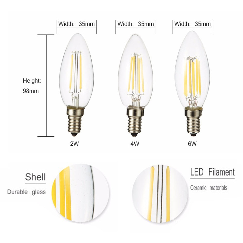 LED Candle Bulb C35 Light 2W/4W/6W 110V/220V Warm/Cool White Retro Filament Lamp For Chandelier Lighting 360 Degree