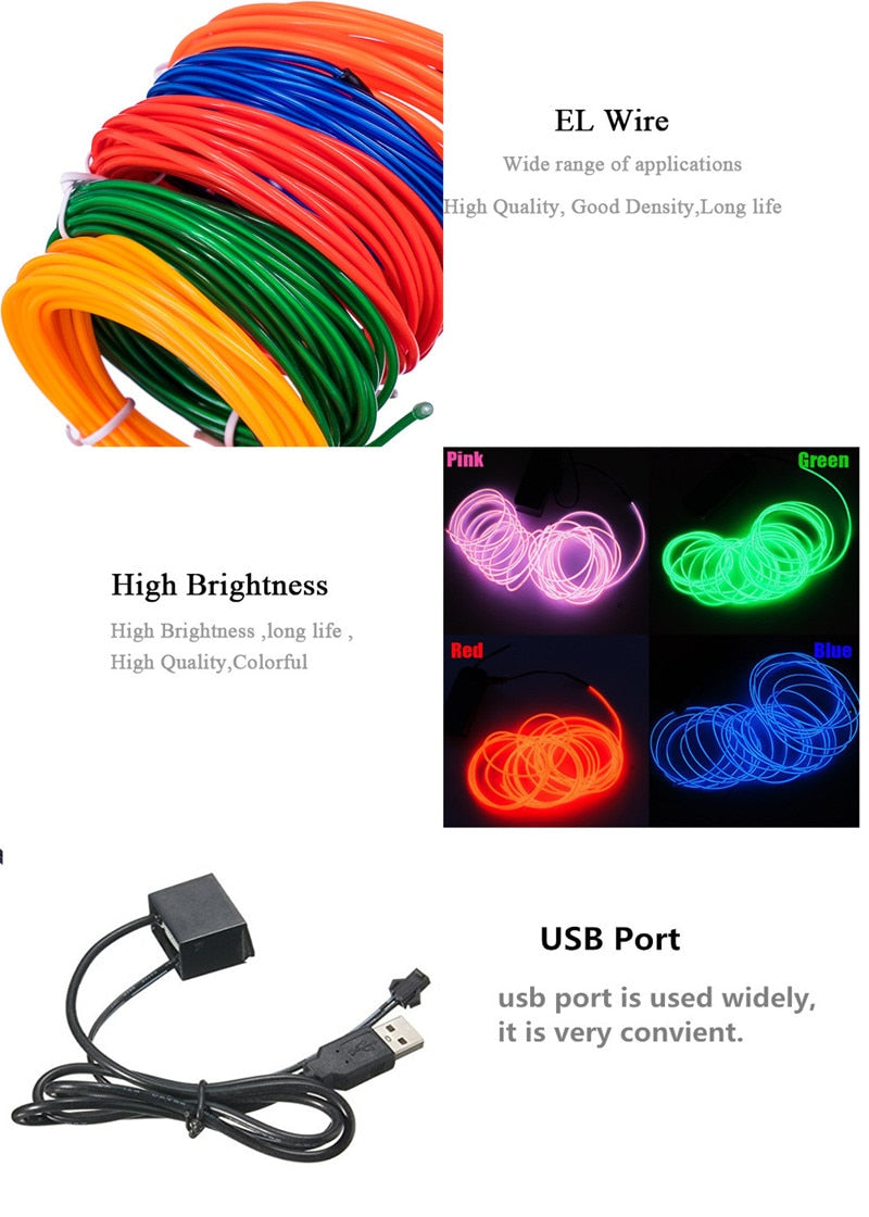 Flexible Neon Light 1m/3m/5M 3V Glow EL Wire Rope tape Cable Strip LED Neon Lights Shoes Clothing Car waterproof led strip