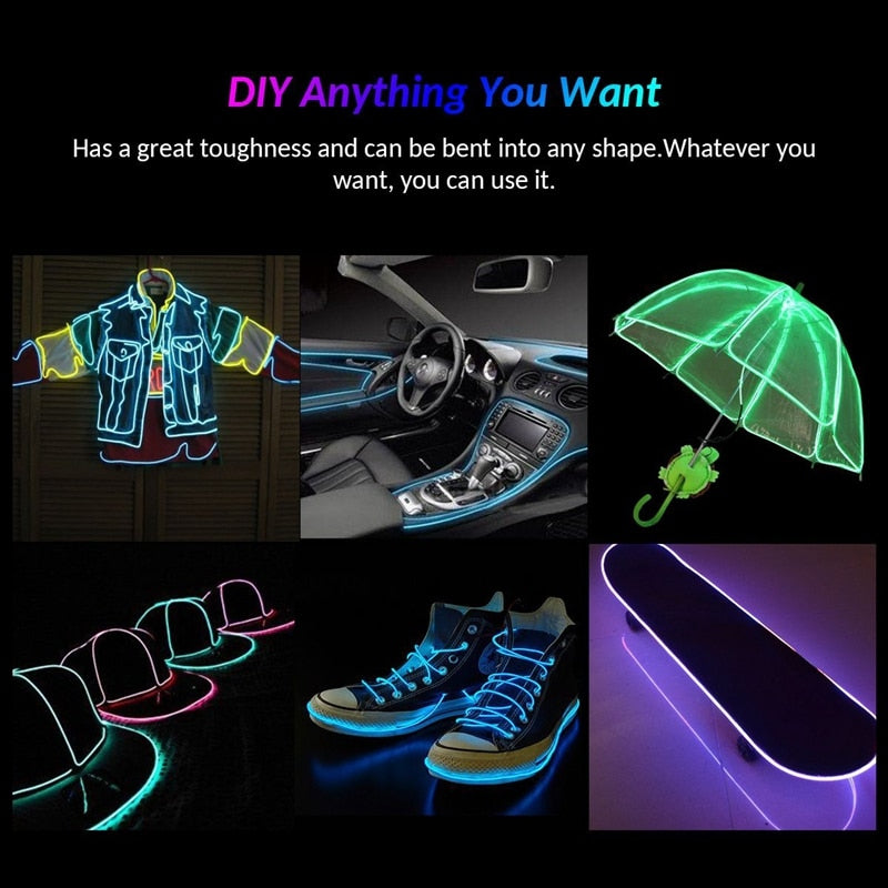 Flexible Neon Light 1m/3m/5M 3V Glow EL Wire Rope tape Cable Strip LED Neon Lights Shoes Clothing Car waterproof led strip