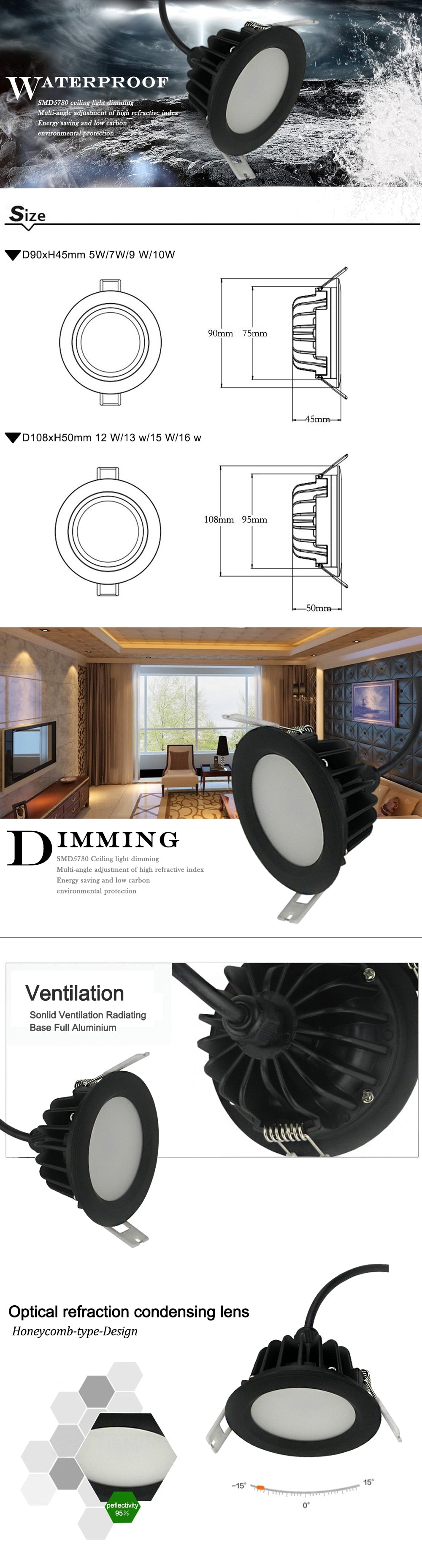 LED 5W 7W 9W 12W 15W Waterproof IP65 Dimmable led downlight smd  dimming 12W LED Spot light led ceiling lamp AC 85-265V