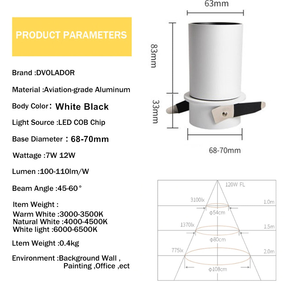 LED spotlight embedded ceiling light living room Simple Nordic Adjust up down left and right 7W 12W COB Recessed down light