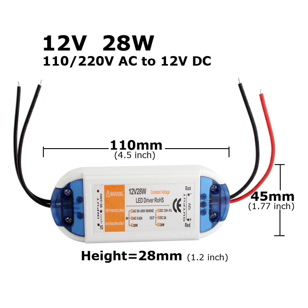 Power Supply 12V LED Driver 18W 28W 48W 72W 100W AC 110V 220V to 12V DC Lighting Transformer Adapter for LED Strip CCTV
