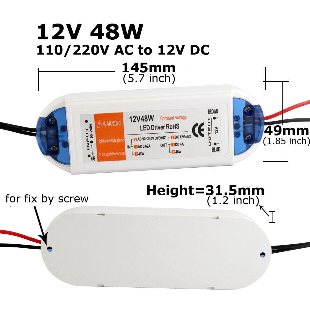 Power Supply 12V LED Driver 18W 28W 48W 72W 100W AC 110V 220V to 12V DC Lighting Transformer Adapter for LED Strip CCTV