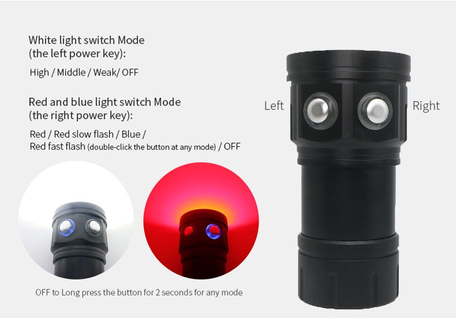 New LED Diving Flashlight Underwater 80M XHP70 / L2 Photography Video Camera Tactical Flashlight Blue +White LED Lantern Torch