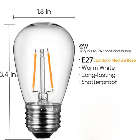 10Pcs S14 2W 4W LED Edison Light Bulbs E27 Waterproof Vintage LED Filament Bulb for Outdoor Commercial String Light Replacement