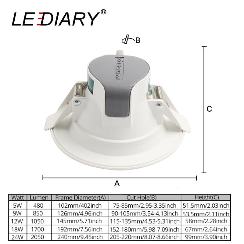 LEDIARY Recessed Ceiling LED Downlights 5W 9W 24W 220V SMD Spot Lamp 3000K/4000K/6000K 75mm 90mm 155mm Cut Hole Home Lighting