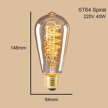 ST64 G95 G80 T30 Edison Incandescent Bulb Dimming 40W 220V E27 Vintage Light Retro Pendant Lamp Filament Spiral Industrial Decor