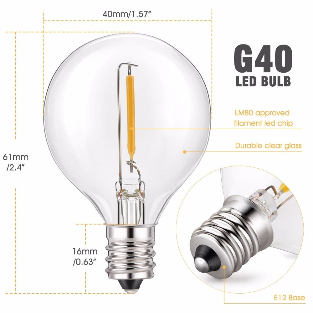 25X G40 Clear Globe Bulbs, E12 Warm Replace G40 5W 7W Incandescent Bulbs, Same Effect Replaceable Light Bulb for G40 Strands