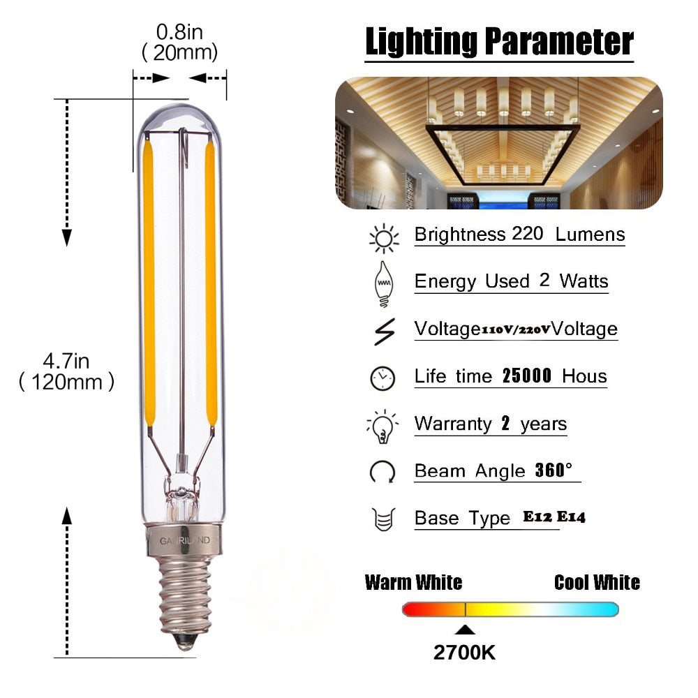 T20 T6 Tubular Lamp Retro LED Long Filament Bulbs 2W 2700K,E12 E14 110V 220VAC Chandelier Pendant Lighting Dimmable
