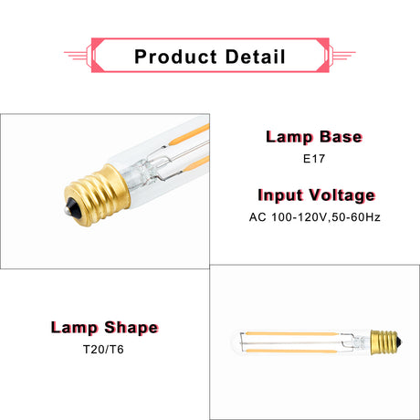Dimmable E17 T6.5 Lights Lamp E17 T6 T20 Tubular Filament Bulb 110V 220V Intermediate Base Edison Glass