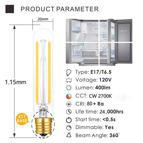Dimmable E17 T6.5 Lights Lamp E17 T6 T20 Tubular Filament Bulb 110V 220V Intermediate Base Edison Glass