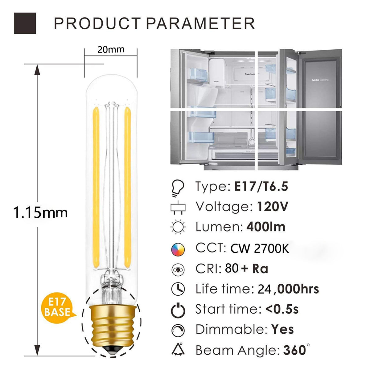 Dimmable E17 T6.5 Lights Lamp E17 T6 T20 Tubular Filament Bulb 110V 220V Intermediate Base Edison Glass