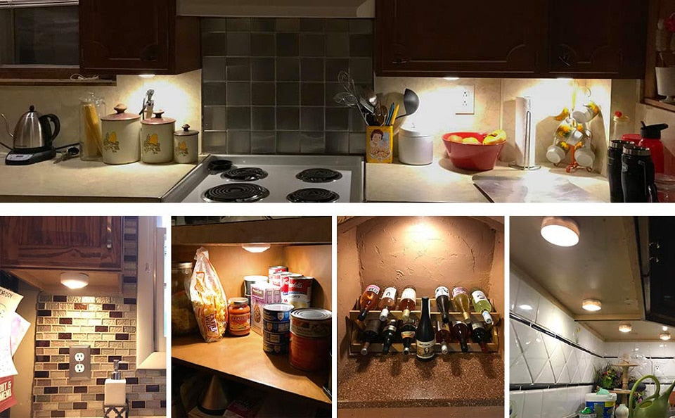 Touch Sensor LED Under Cabinets Lights Dimmable LED Puck Light For Kitchen Wardrobe Stair Closet Night Lamp Battery Powered